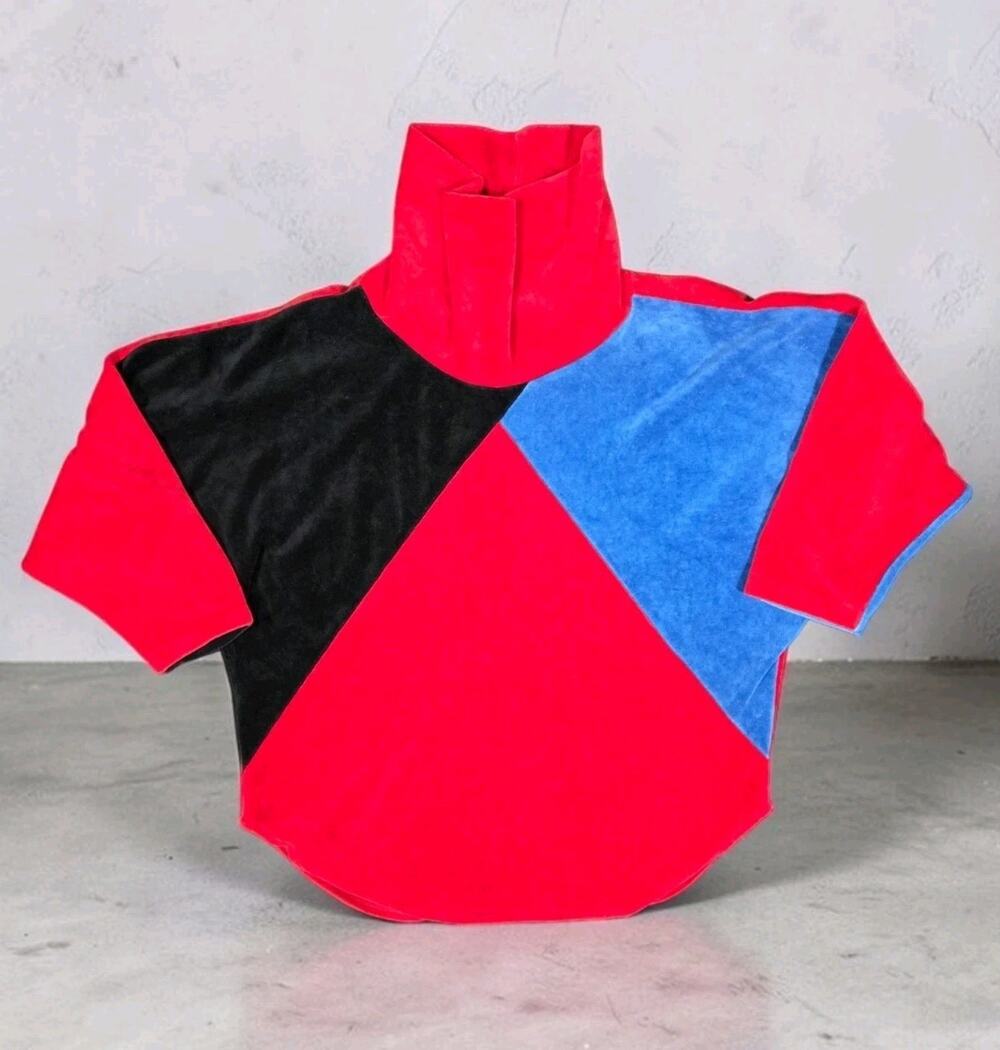 80s Velour Colorblock Top Cowl Neck USA 3/4 Sleeve Hipster Theme Party Medium